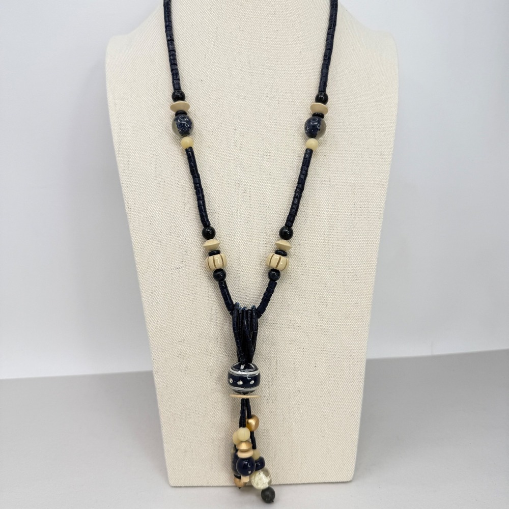Wood Beaded Necklace Multi Strand Tassel Boho‎ Navy Blue Cream Natural